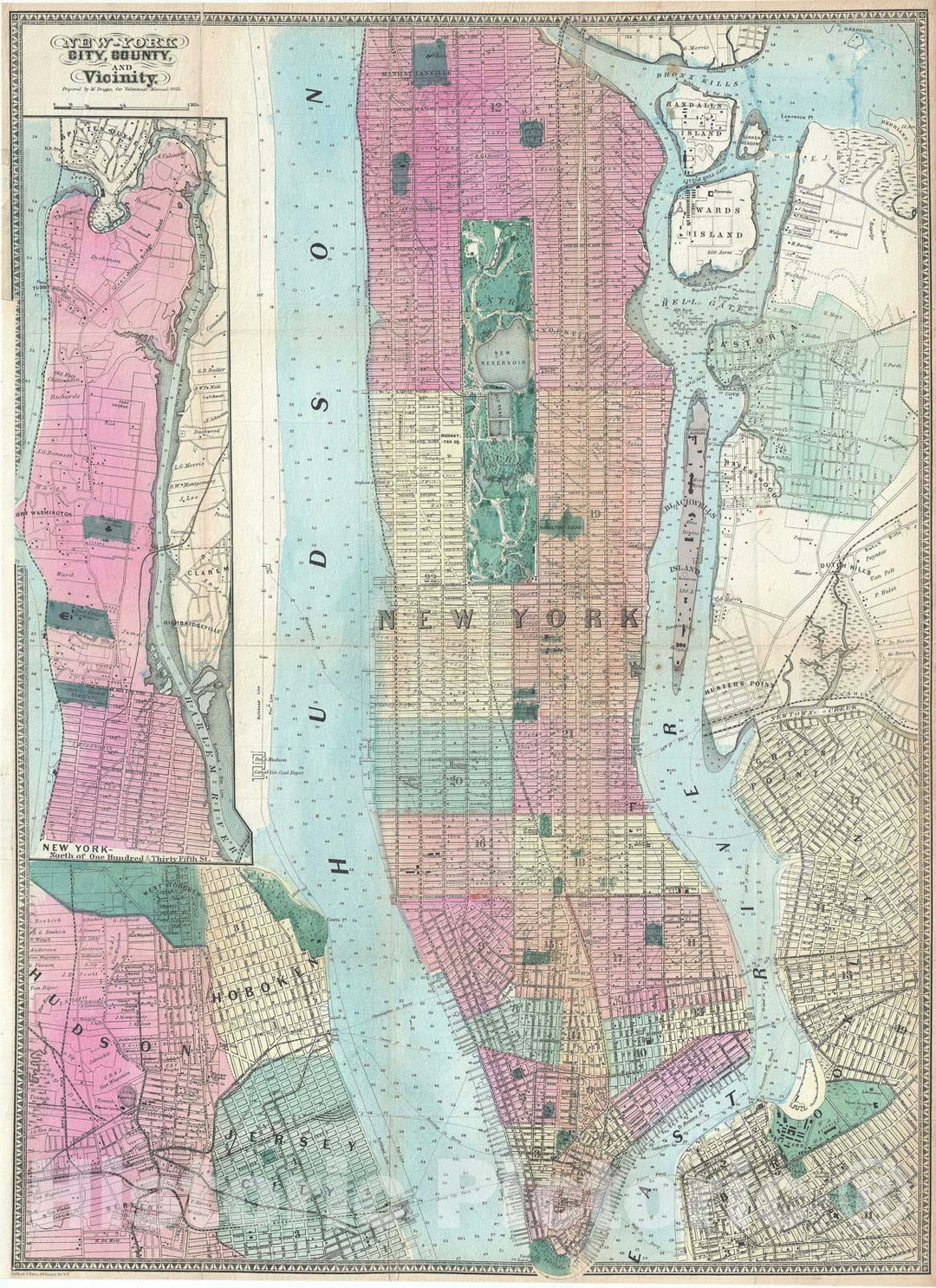 Historic Map : New York City, Dripps, 1864, Vintage Wall Art