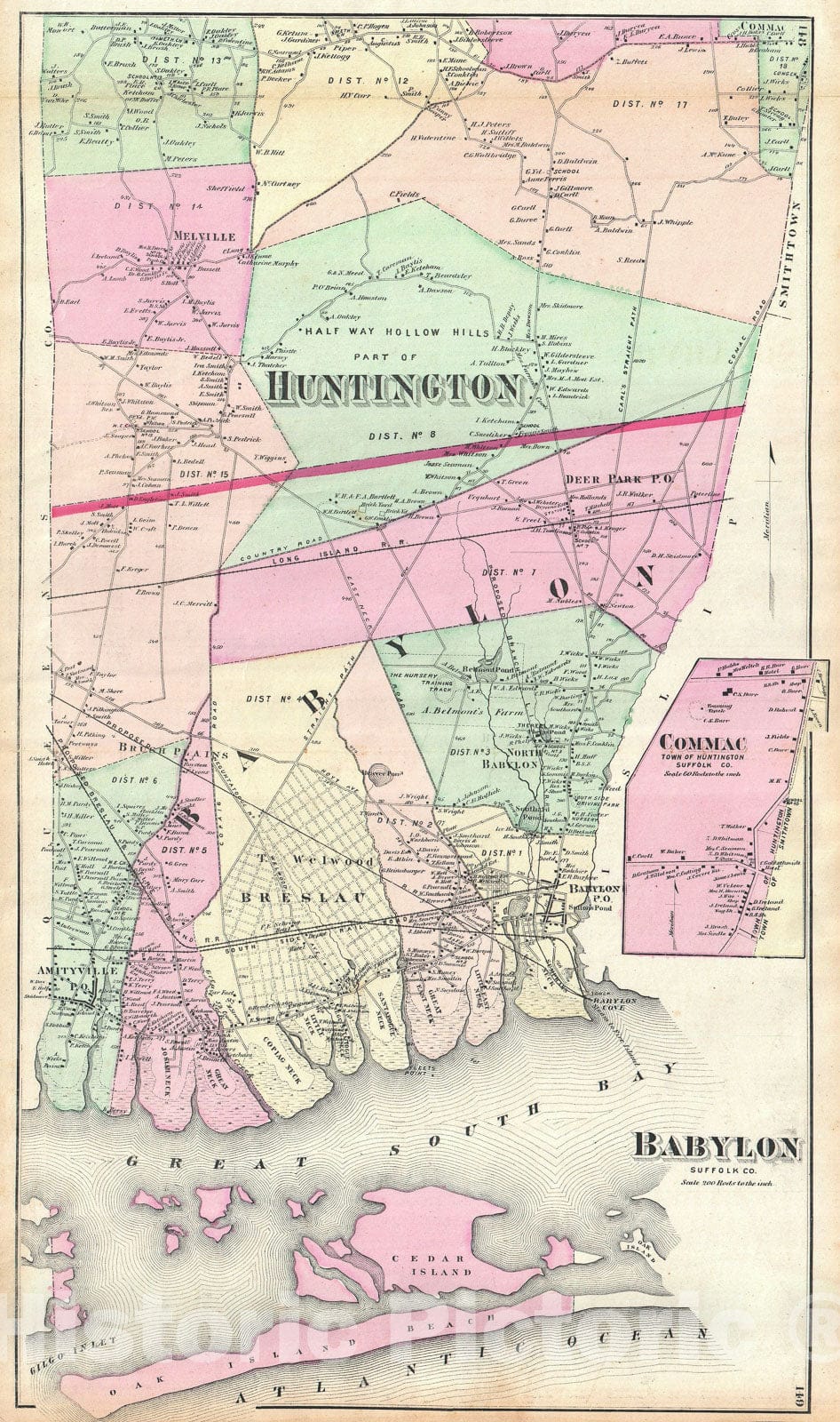 Historic Map : Babylon and Huntington, Long Island, New York, Beers, 1873, Vintage Wall Art