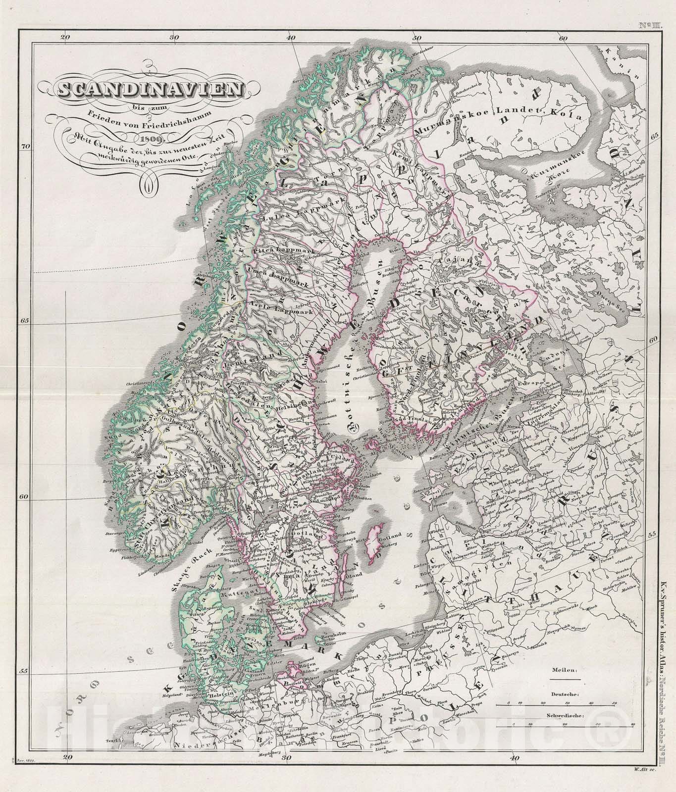 Historic Map : Scandinavia under Fredrikshamn Treaty, Spruner, 1854, Vintage Wall Art