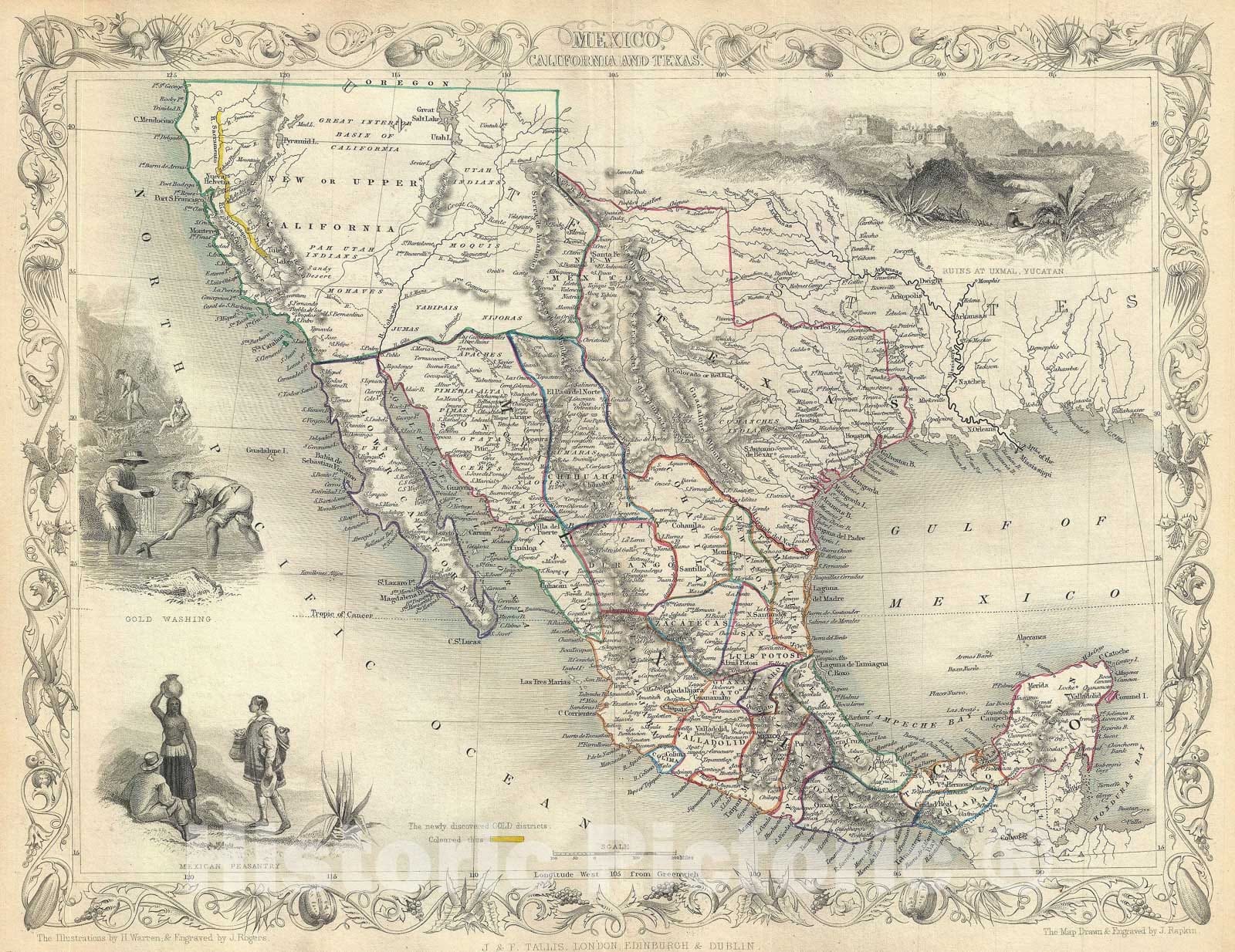 Historic Map : Mexico, Texas "Republic" and California "Gold Region", Tallis, 1851, Vintage Wall Art