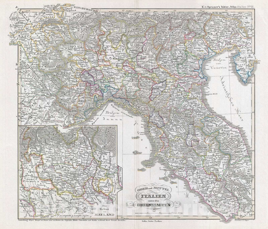 Historic Map : Northern Italy under The Hohenstaufen Dynasty, Spruner, 1854, Vintage Wall Art