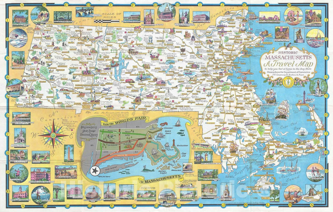 Historic Map : Pictorial Map of Pictorial Map of Massachusetts for The 1964 World's Fair, Dudley Chase, 1964, Vintage Wall Art