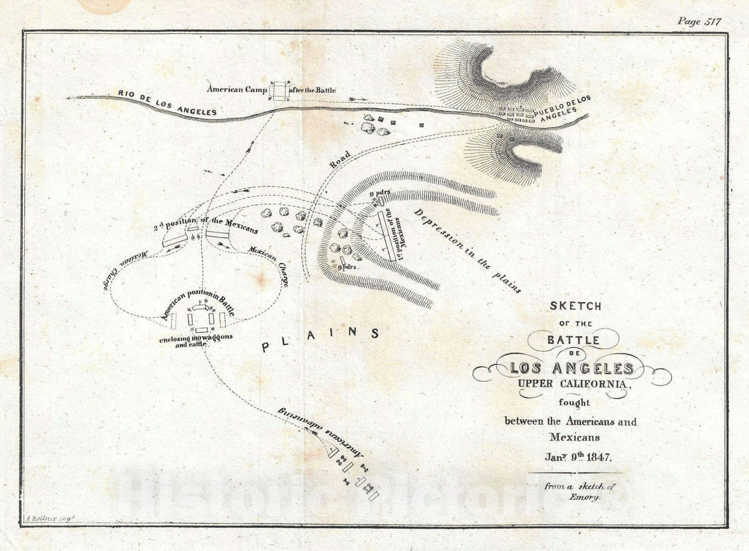 Historic Map : The Battle of Los Angeles during The Mexican War in Pasadena, Emory, 1847, Vintage Wall Art