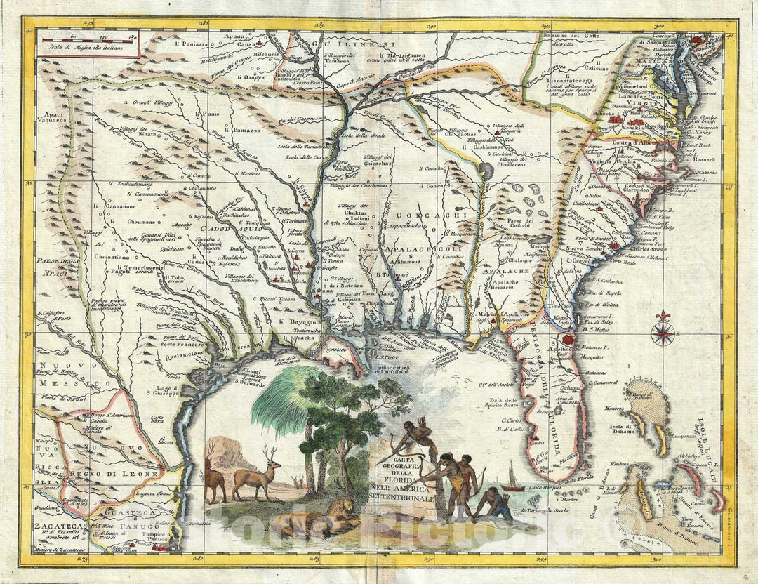 Historic Map : Louisiana, Florida, Texas, Carolina and Virginia, Albrizzi, 1740, Vintage Wall Art