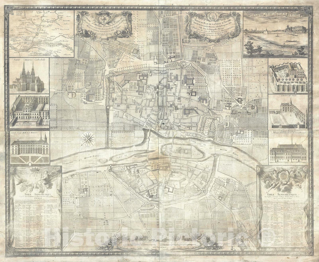 Historic Map : Plan of Angers, France "19th Century Restrike", Simon, 1736, Vintage Wall Art