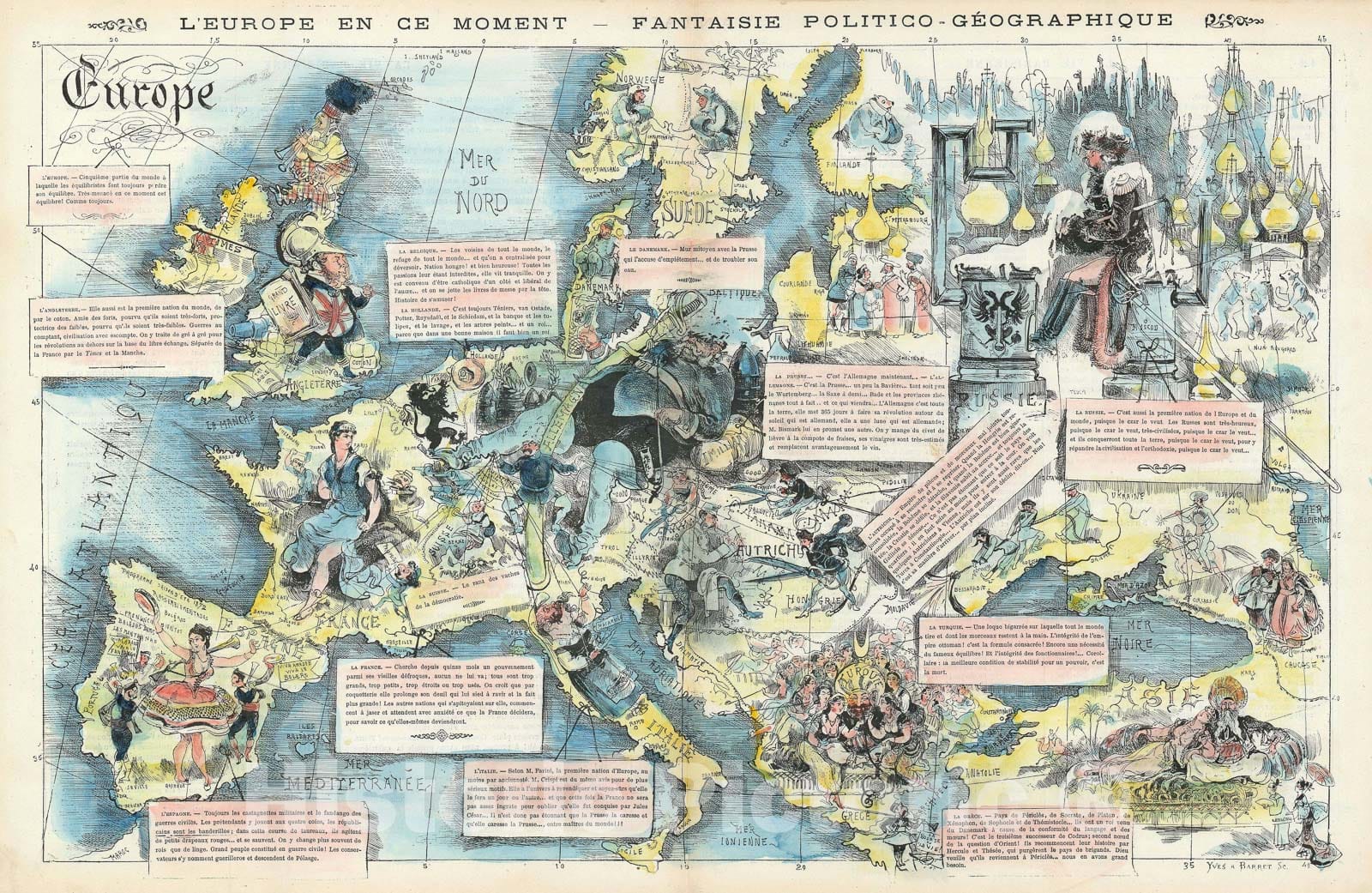 Historic Map : Pictorial Map of Europe after The Franco-Prussian War, Yves and Barret, 1872, Vintage Wall Art