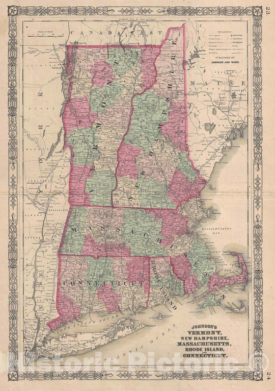 Historic Map : New England: Maine, Vermont, New Hampshire, Massachusetts, Johnson, 1865, Vintage Wall Art