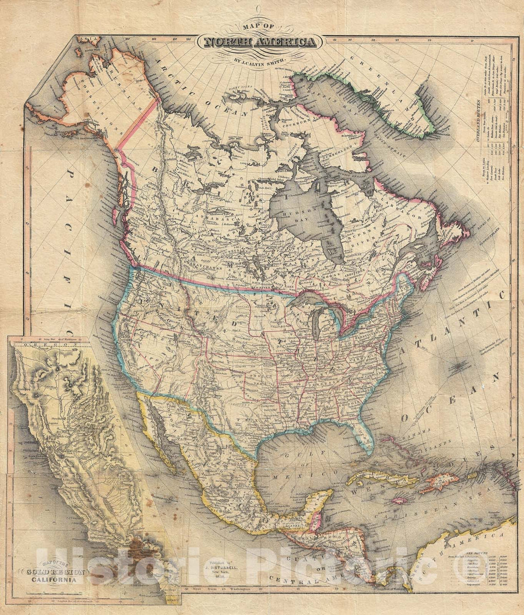 Historic Map : North America w/ California Gold Region and Texas, Smith, 1850, Vintage Wall Art