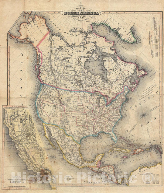 Historic Map : North America w/ California Gold Region and Texas, Smith, 1850, Vintage Wall Art