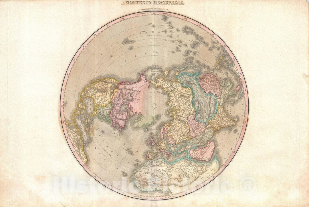 Historic Map : The Northern Hemisphere " North Pole, Arctic ", Pinkerton, 1818, Vintage Wall Art