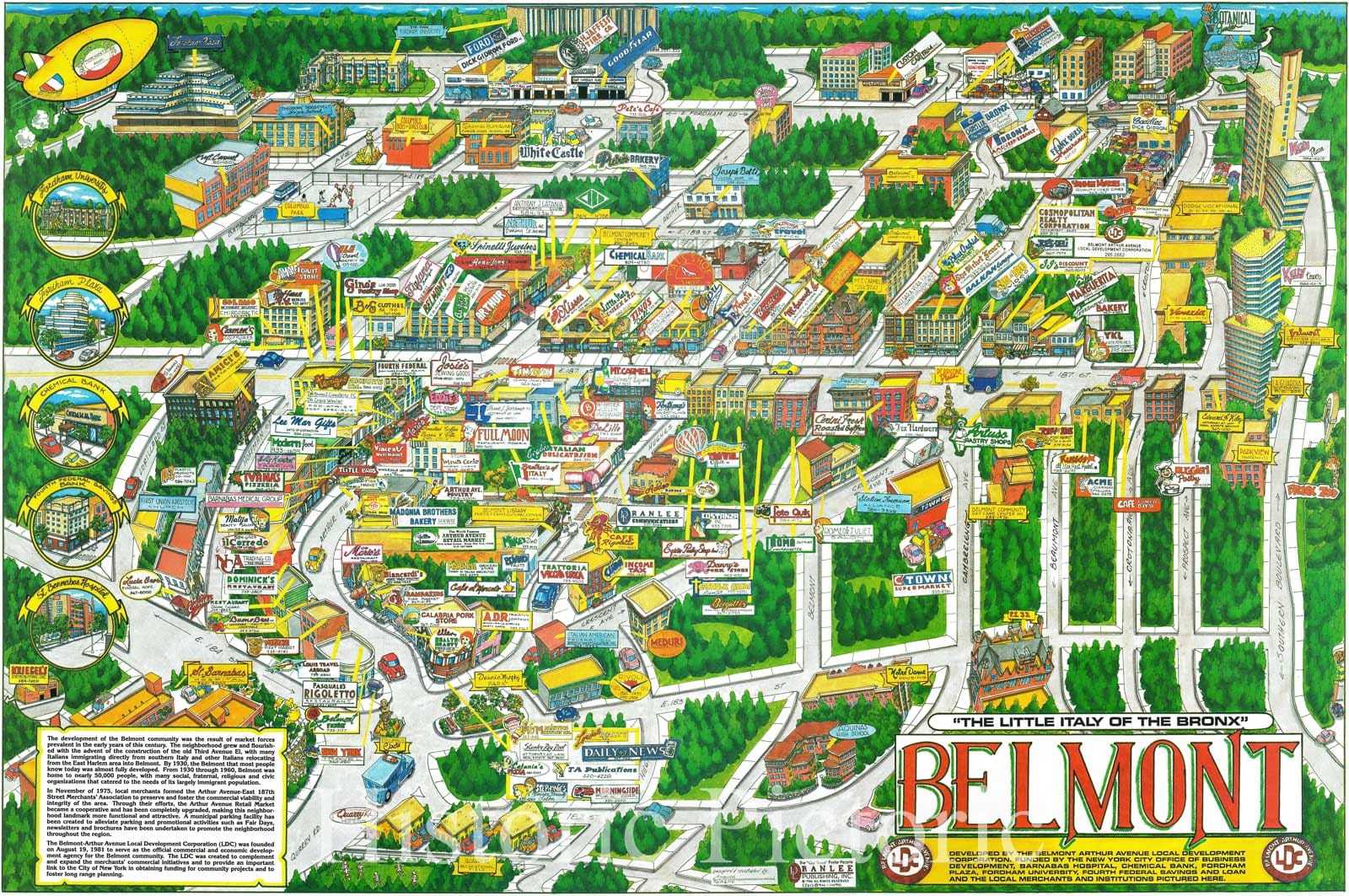 Historic Map : Ranlee Pictorial Map of Belmont, The 'Little Italy' of The Bronx, New York City, 1986, Vintage Wall Art