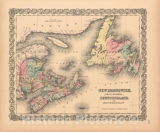 Historic Map : New Brunswick, Nova Scotia, Newfoundland Price Edward Island, Colton, 1855, Vintage Wall Art