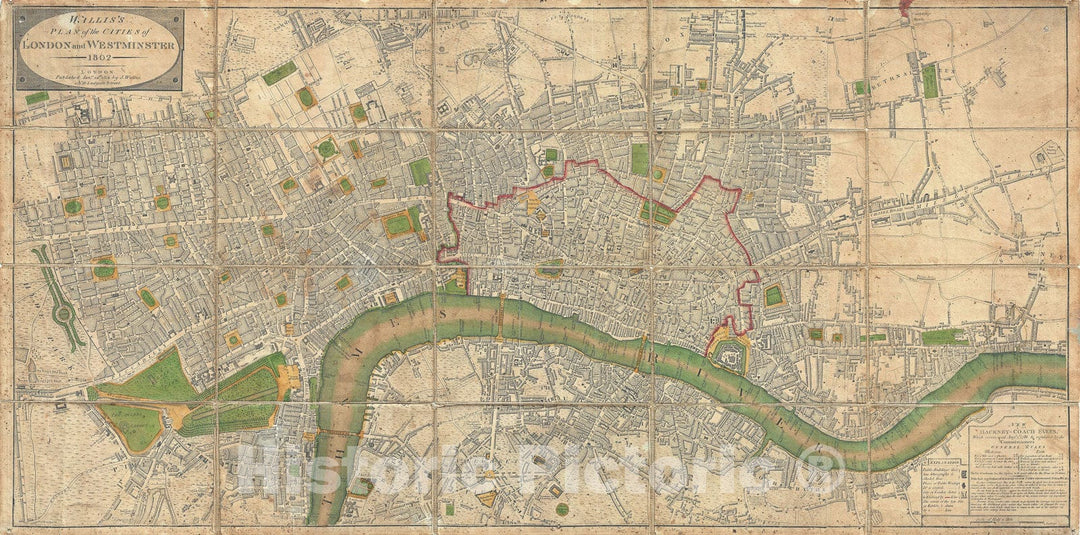 Historic Map : Plan of London and Westminster, England, Wallis, 1802, Vintage Wall Art