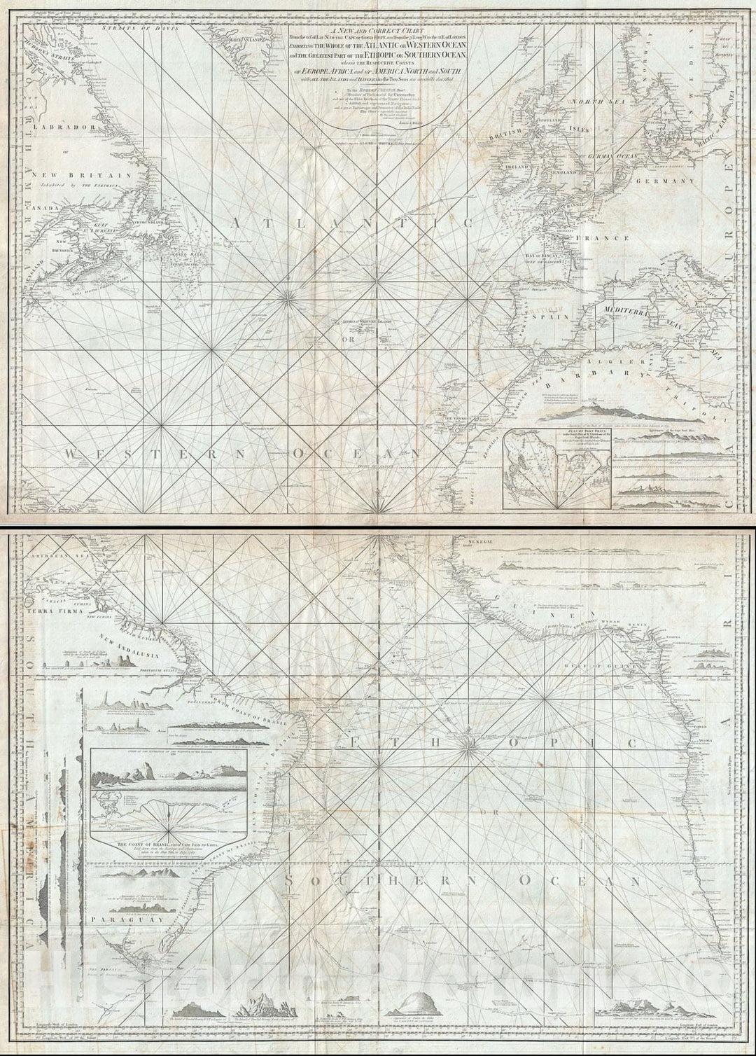 Historic Map : Nautical Chart The Atlantic Ocean, Laurie and Whittle, 1802, Vintage Wall Art