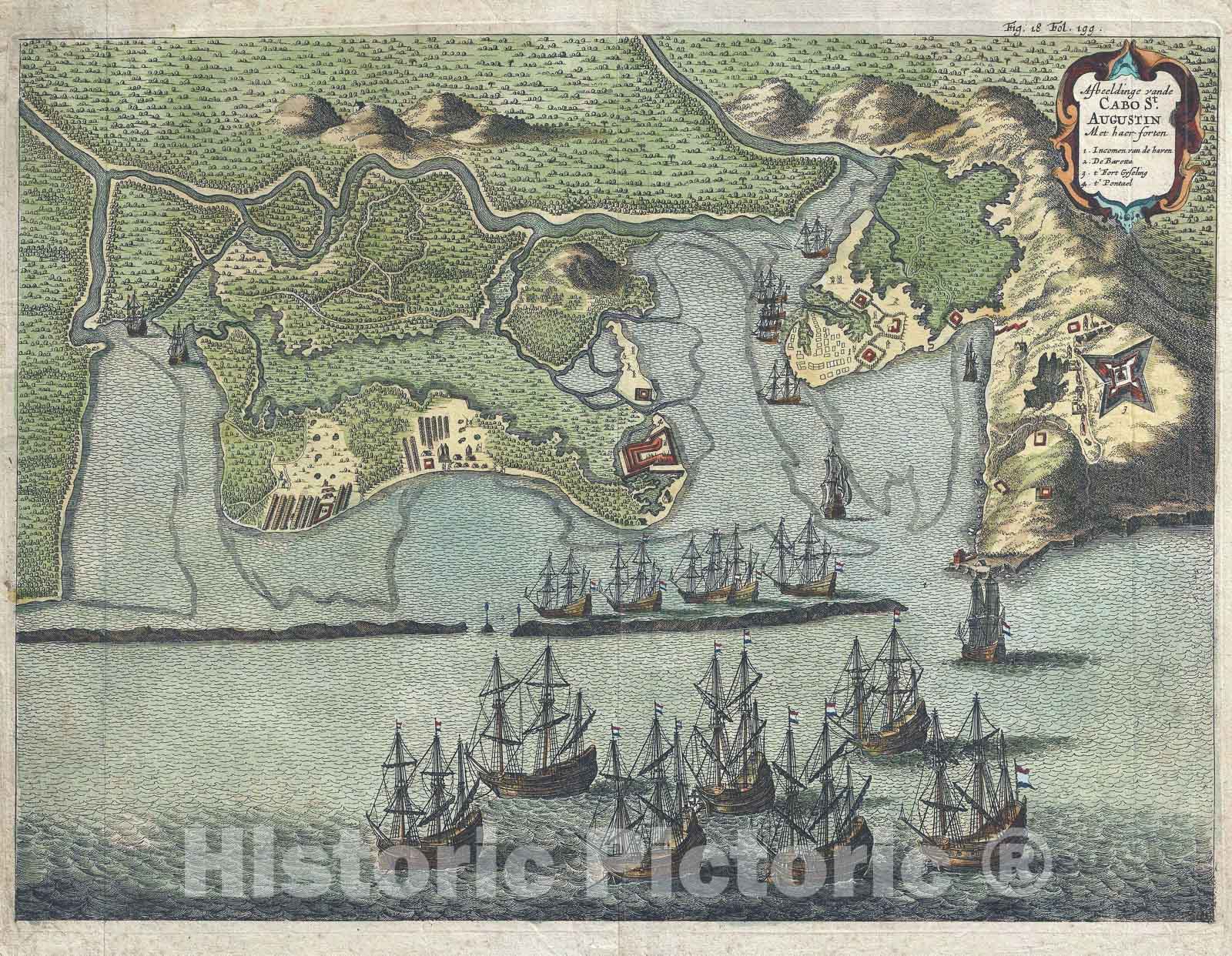 Historic Map : Bird's Eye View Cabo de Santo Agostinho, Brazil, Jansson, 1656, Vintage Wall Art