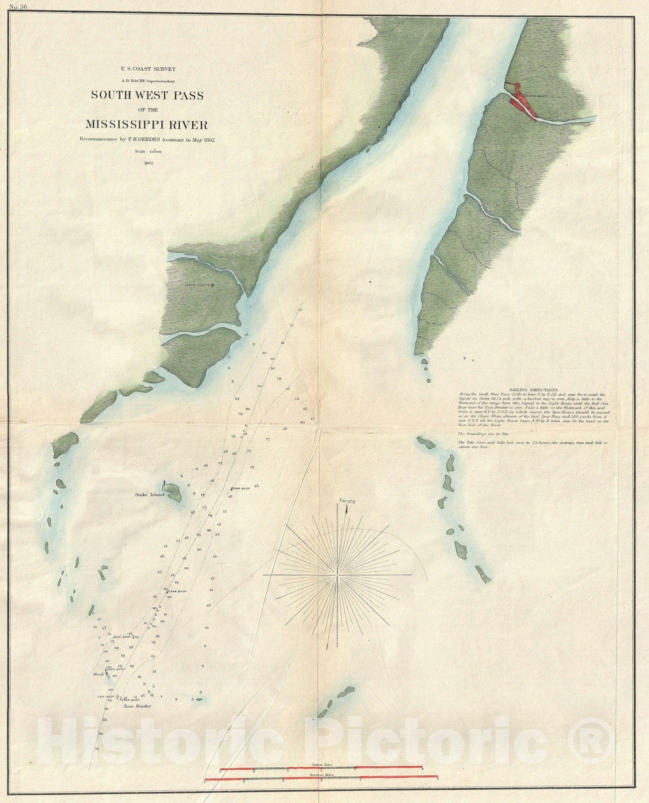 Historic Map : The Mississippi River, South West Pass, U.S. Coast Survey, 1862, Vintage Wall Art