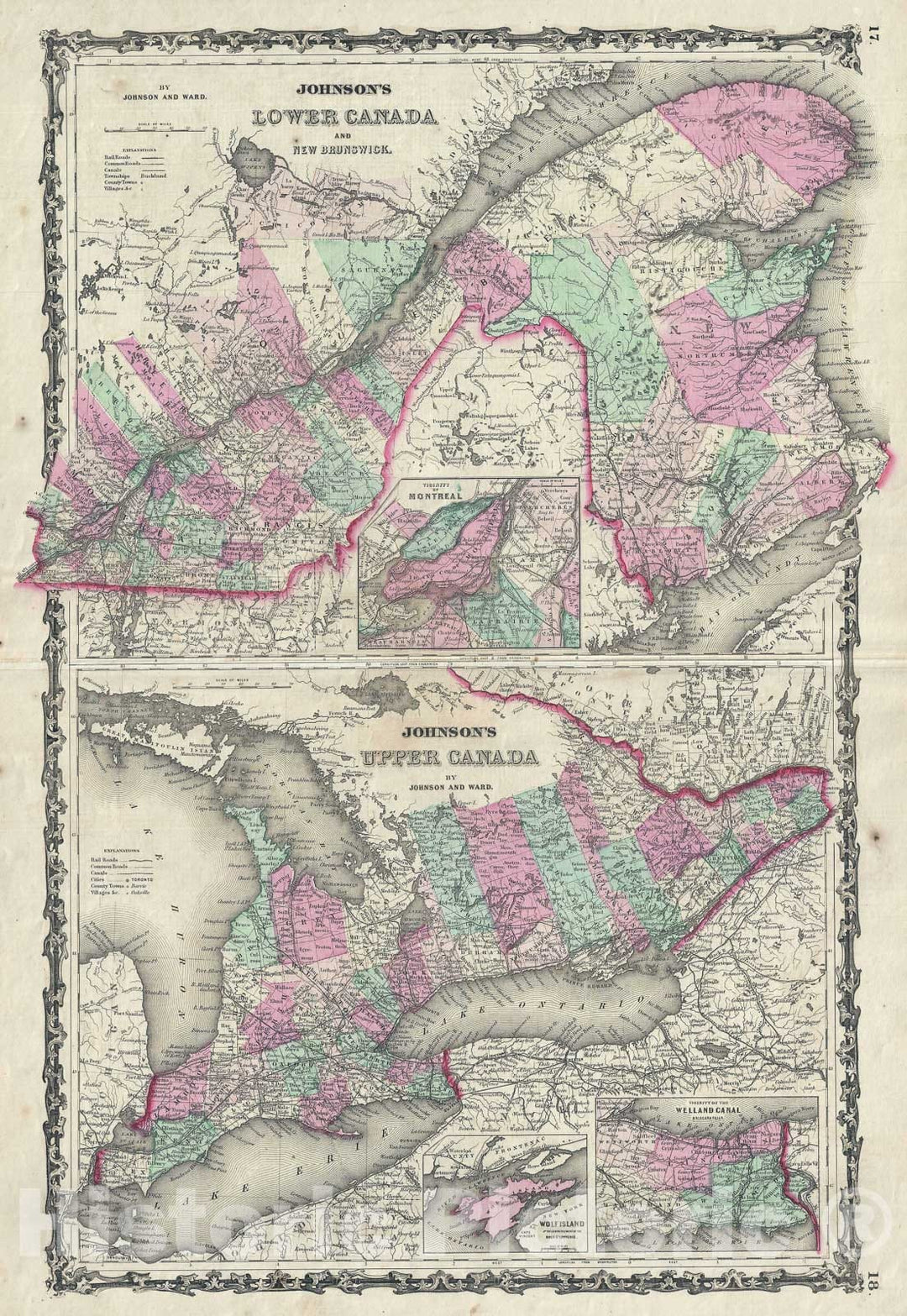 Historic Map : Upper Canada, Lower Canada and New Brunswick "Quebec and Ontario", Johnson, 1863, Vintage Wall Art