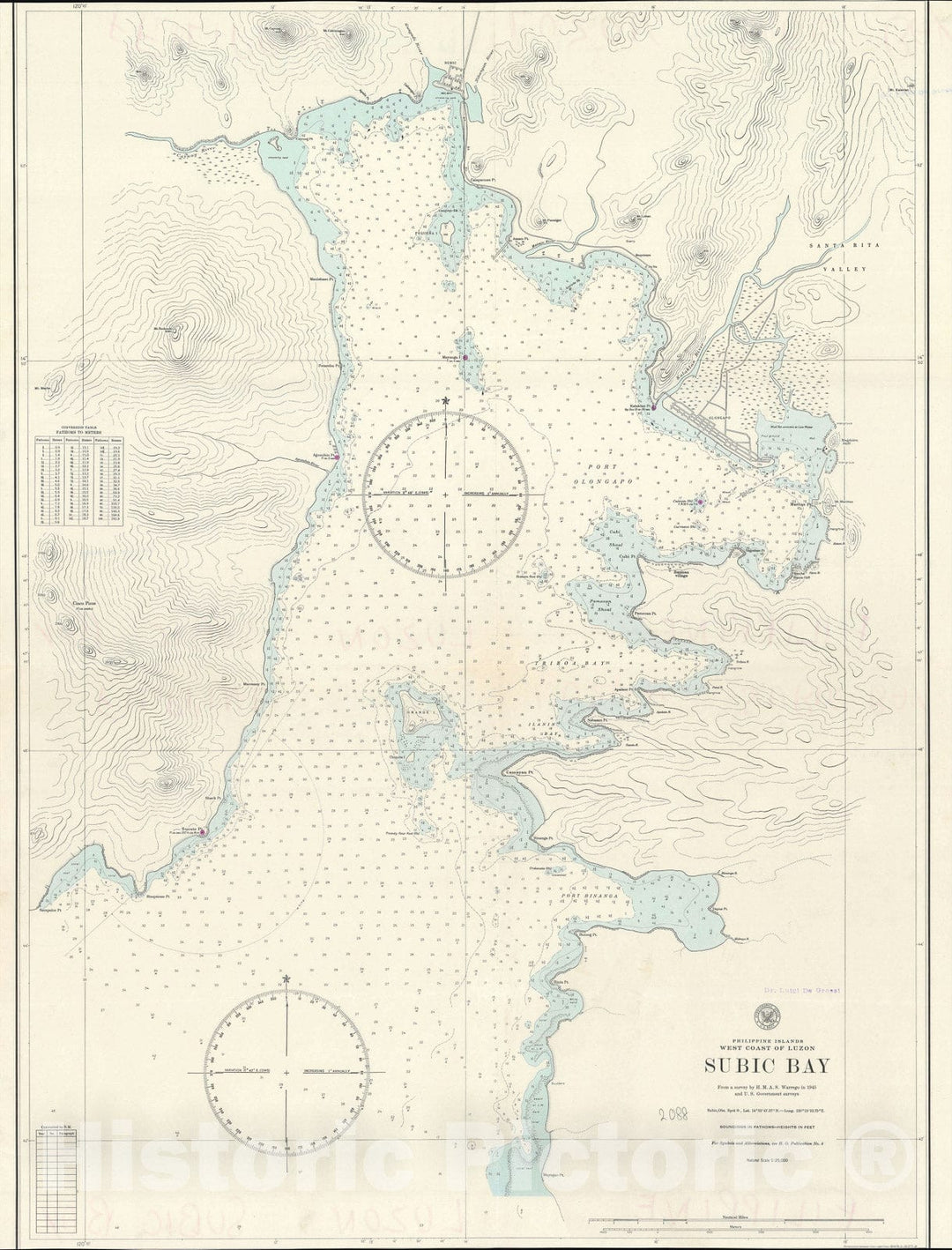 Historic Map : Nautical Chart Subic Bay, Luzon, Philippines, U.S. Hydrographic Office, 1945, Vintage Wall Art