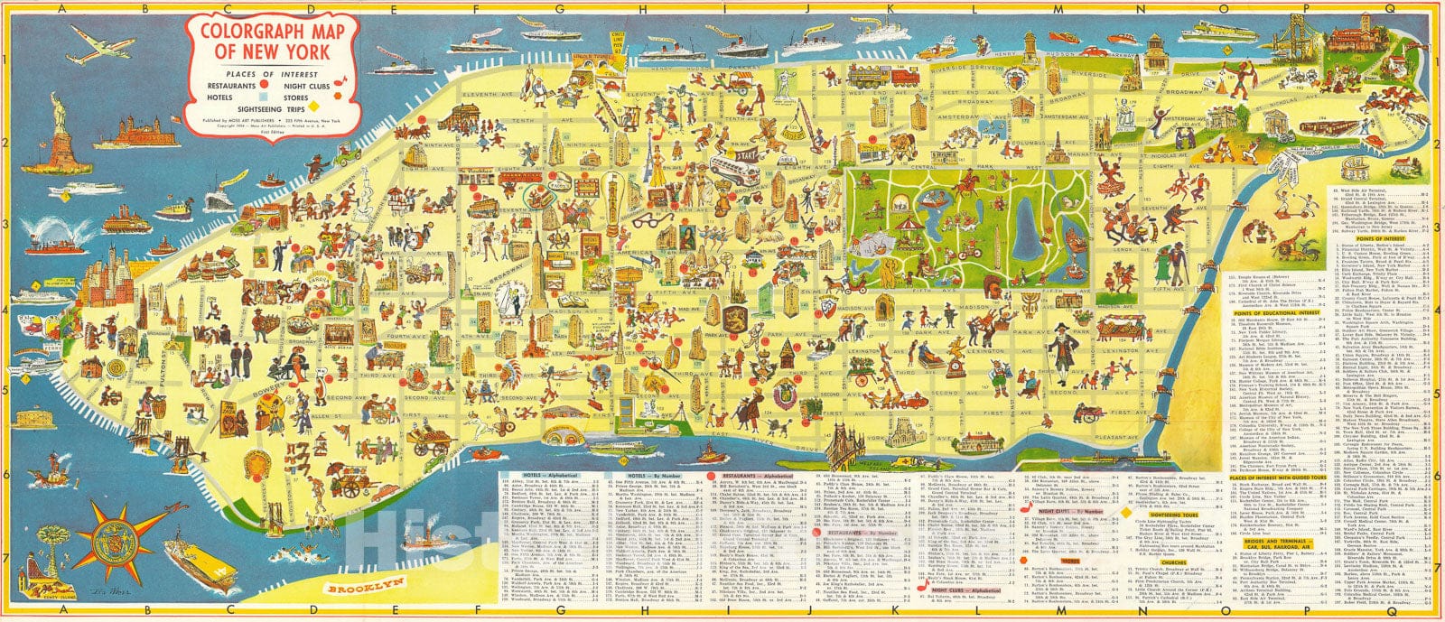 Historic Map : Moss Pictorial Map of Manhattan, New York City, 1954, Vintage Wall Art