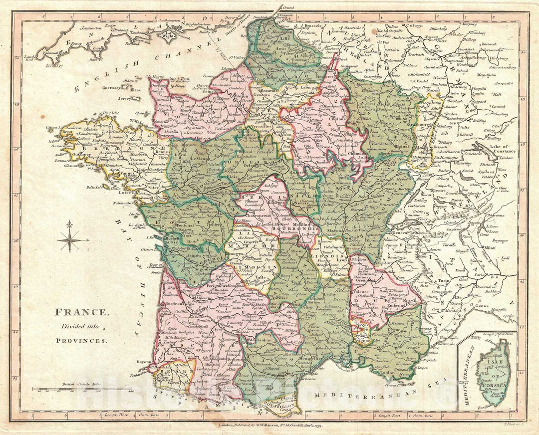 Historic Map : France in Provinces, Wilkinson, 1794, Vintage Wall Art