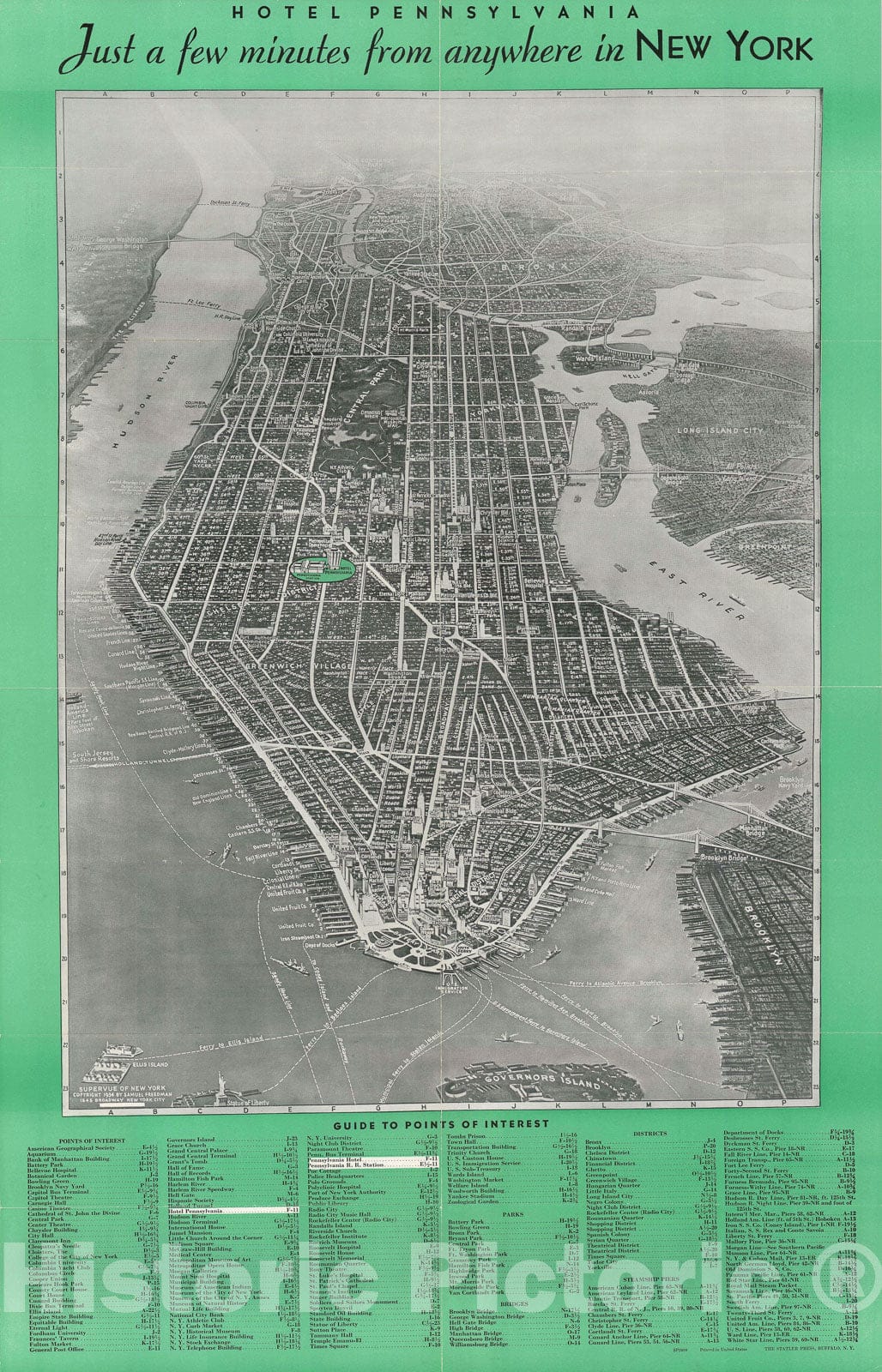 Historic Map : Bird's Eye View New York City, Freedman, 1934, Vintage Wall Art