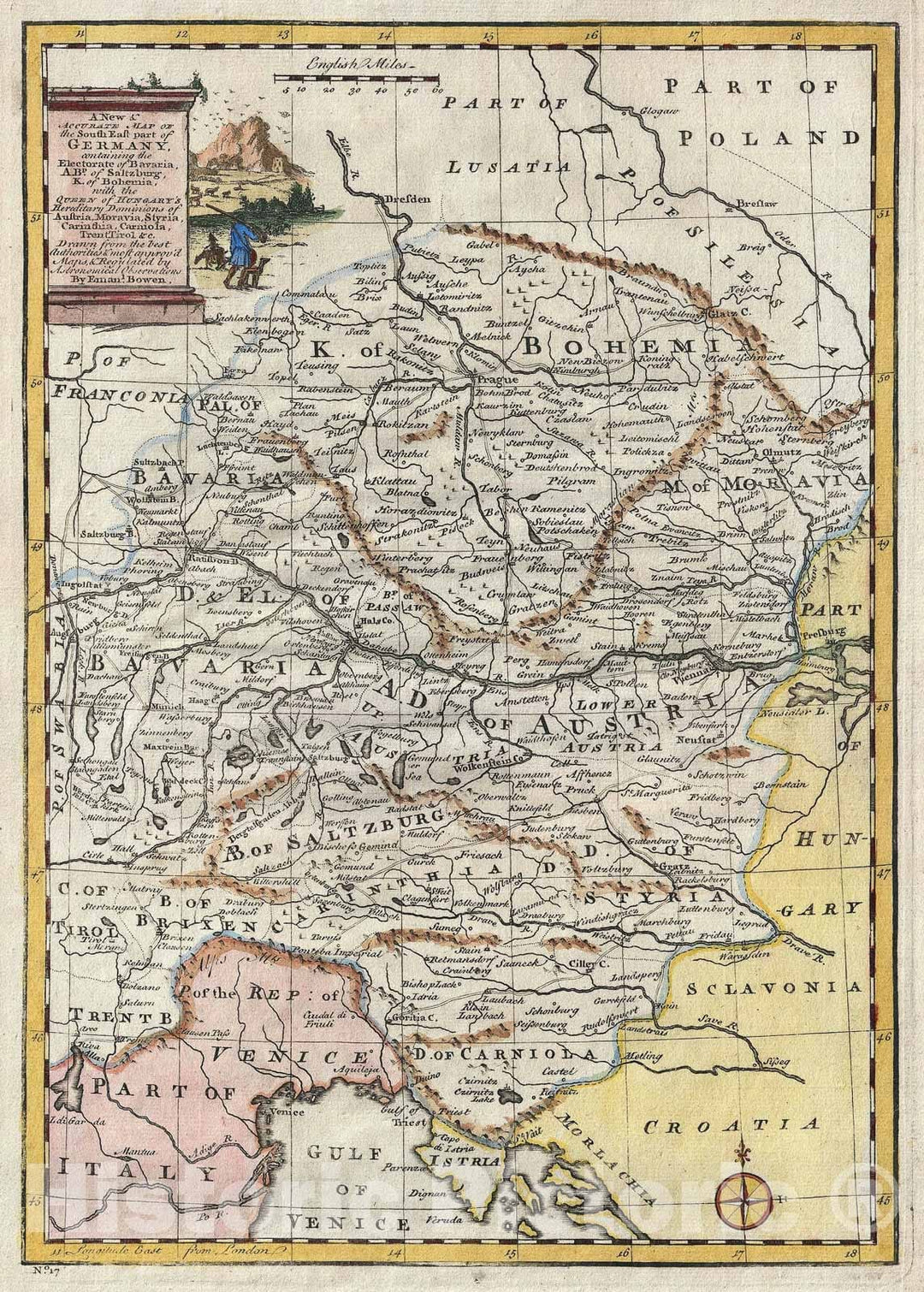 Historic Map : Bohemia and Southeastern Germany "Bavaria and Salzburg", Bowen, 1747, Vintage Wall Art