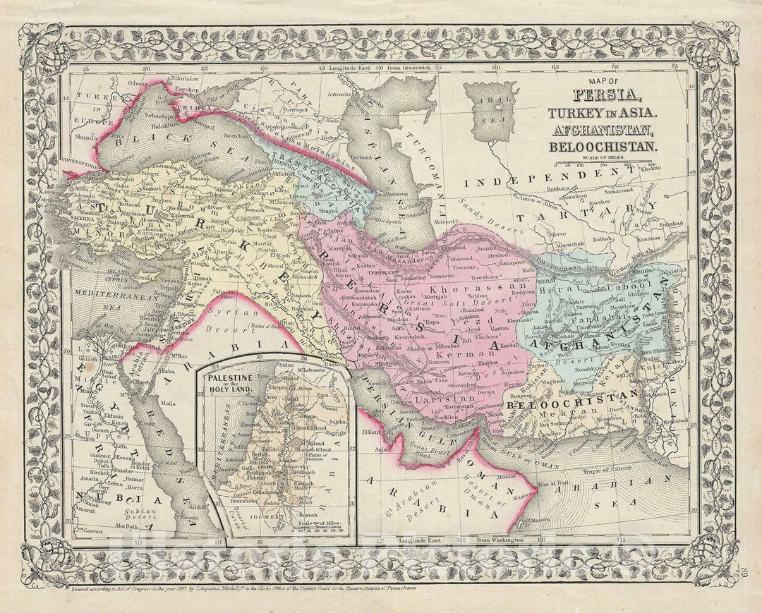 Historic Map : Persia, Afghanistan and Turkey, Mitchell, 1867, Vintage Wall Art