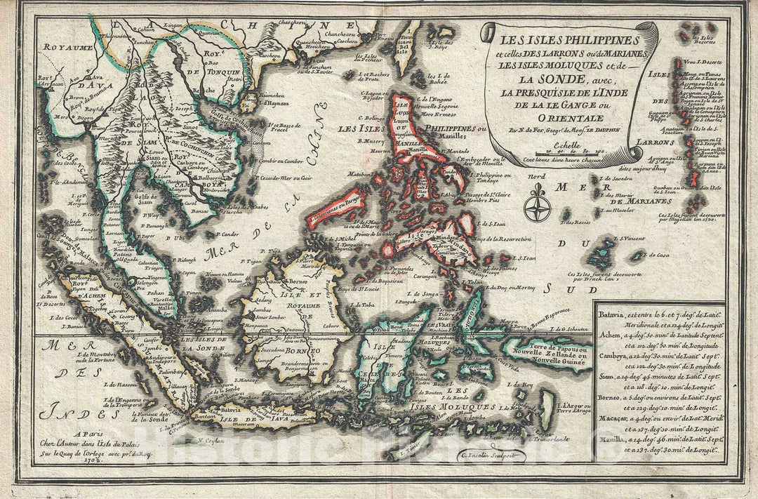 Historic Map : The East Indies "Philippines, Borneo, Thailand, Singapore, Malaysia", De Fer, 1702, Vintage Wall Art