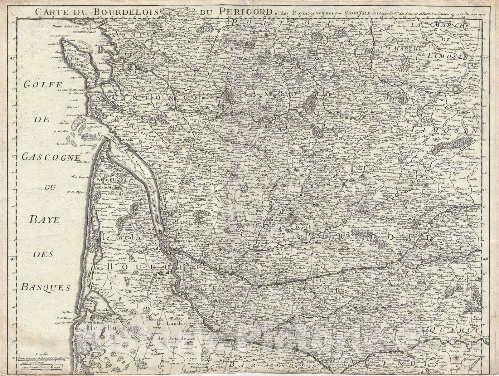 Historic Map : Bourdelois, Perigord, Gironde, France "Bordeaux Wine Region", De L'isle, 1714, Vintage Wall Art