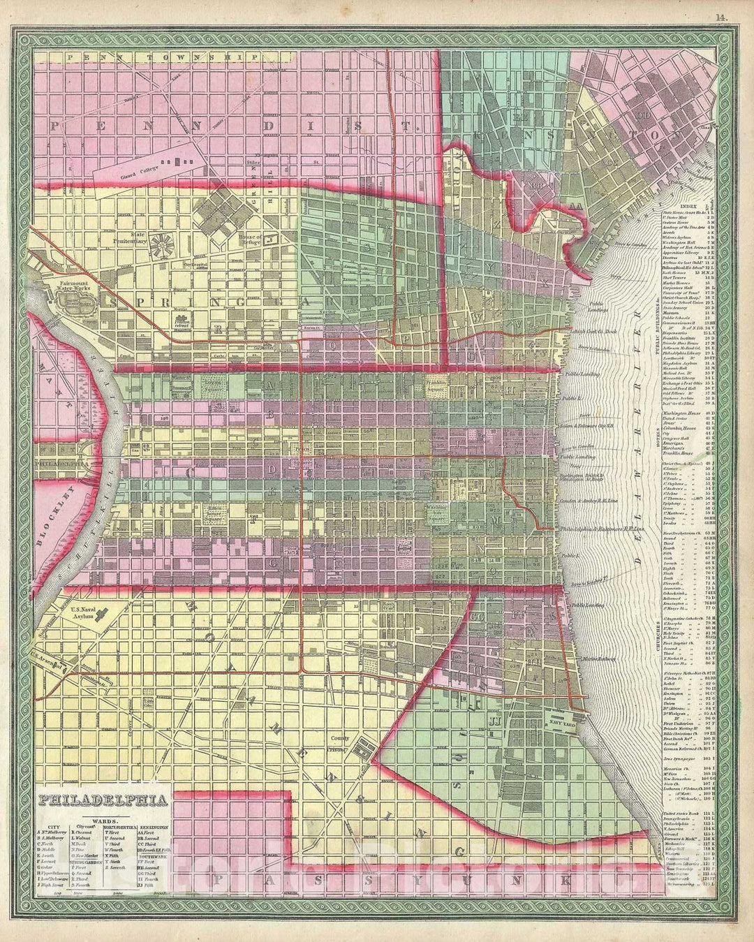 Historic Map : Philadelphia, Pennsylvania, Mitchell, 1854, Vintage Wall Art