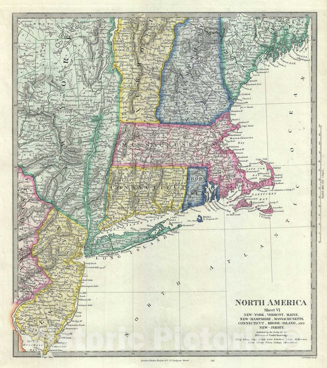 Historic Map : New England, New York and New Jersey, S.D.U.K., 1848, Vintage Wall Art