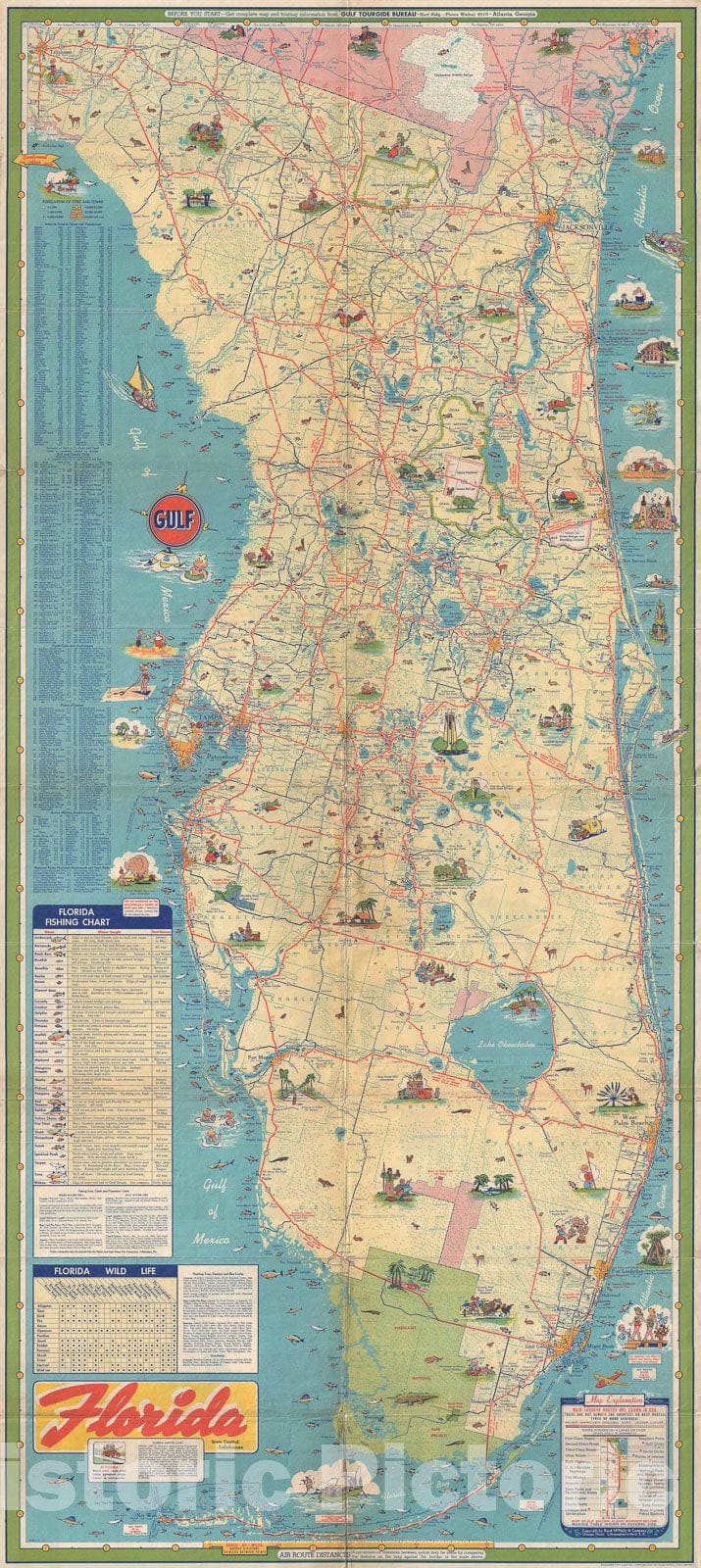 Historic Map : Pictorial Road Map of Florida, Rand McNally, 1950, Vintage Wall Art