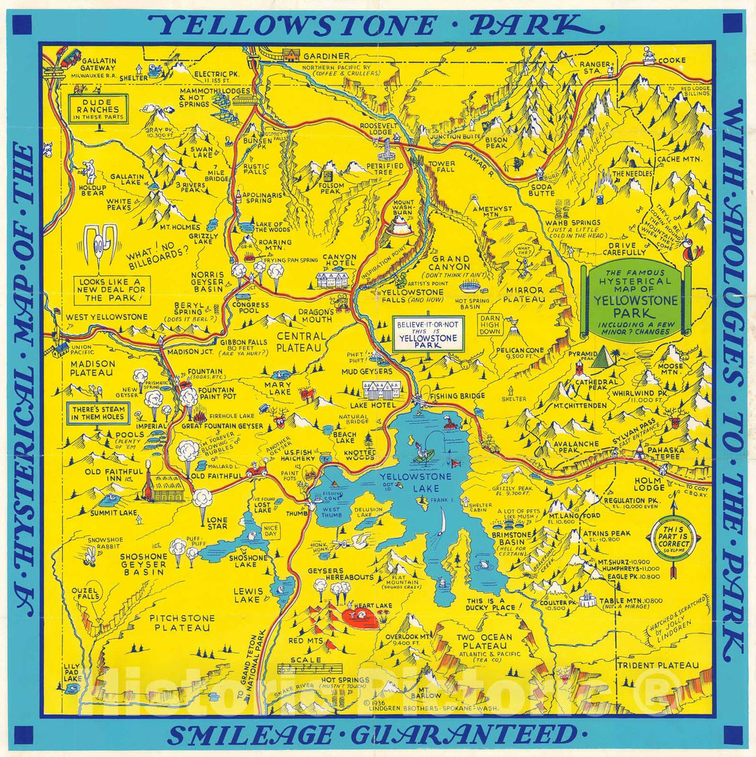 Historic Map : Humerous Pictorial of Yellowstone National Park, Lindgren, 1936, Vintage Wall Art