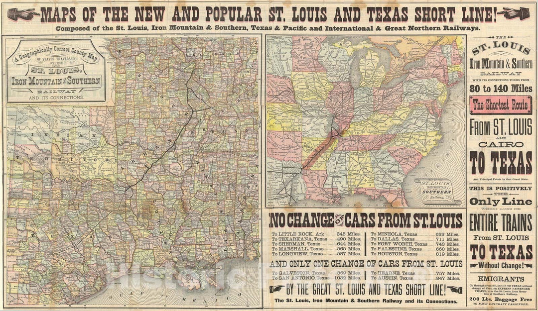 Historic Map : St. Louis Texas Short Line Railroad Braodside: St. Lous to Texarkana, 1878, Vintage Wall Art