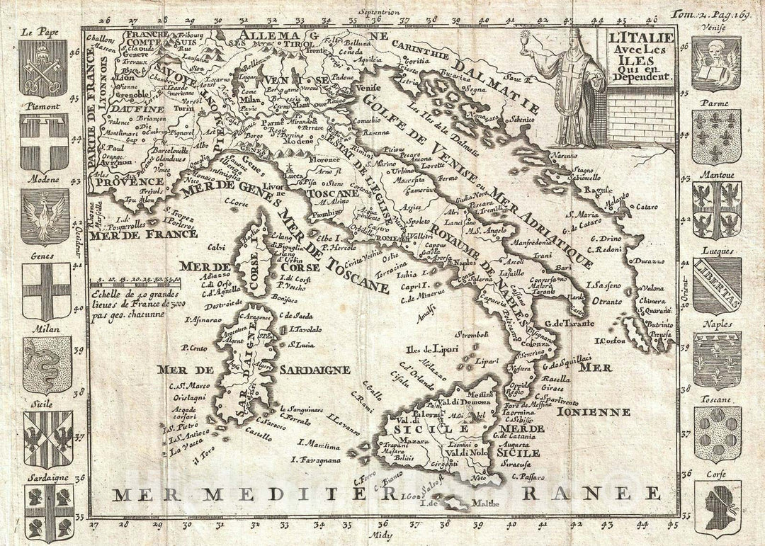 Historic Map : Italy, Sicily, Sardinia, and Corsica, Martineau, 1700, Vintage Wall Art