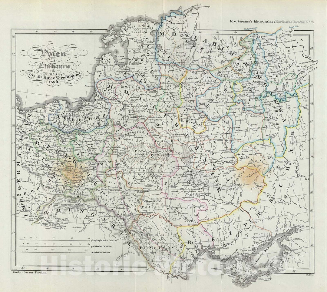 Historic Map : Poland and Lithuania from 1125 until their 1386 union, Spruner, 1854, Vintage Wall Art