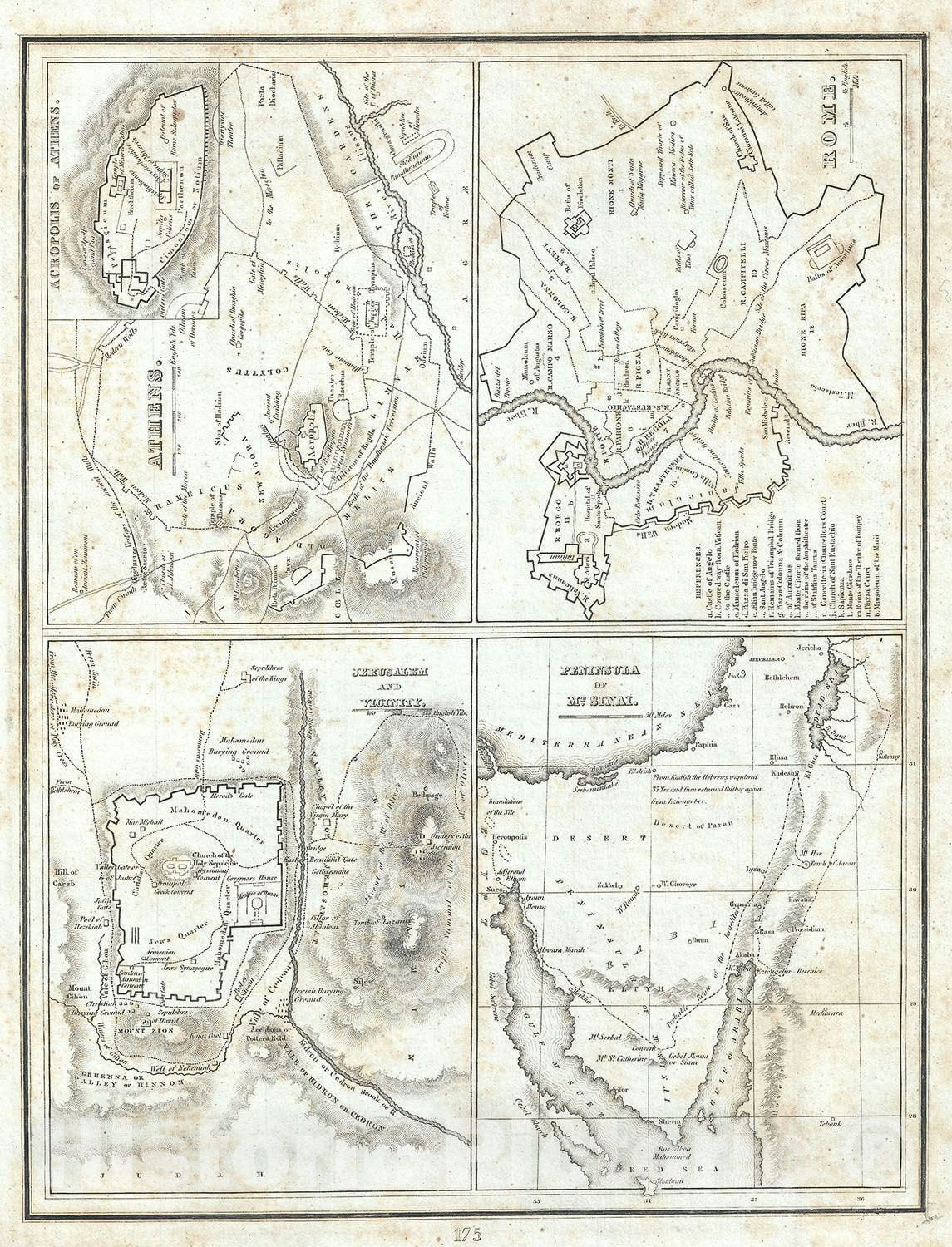 Historic Map : The Ancient Cities of Athens, Rome, Jerusalem and The Sinai Peninsula, BraArtd, 1835, Vintage Wall Art