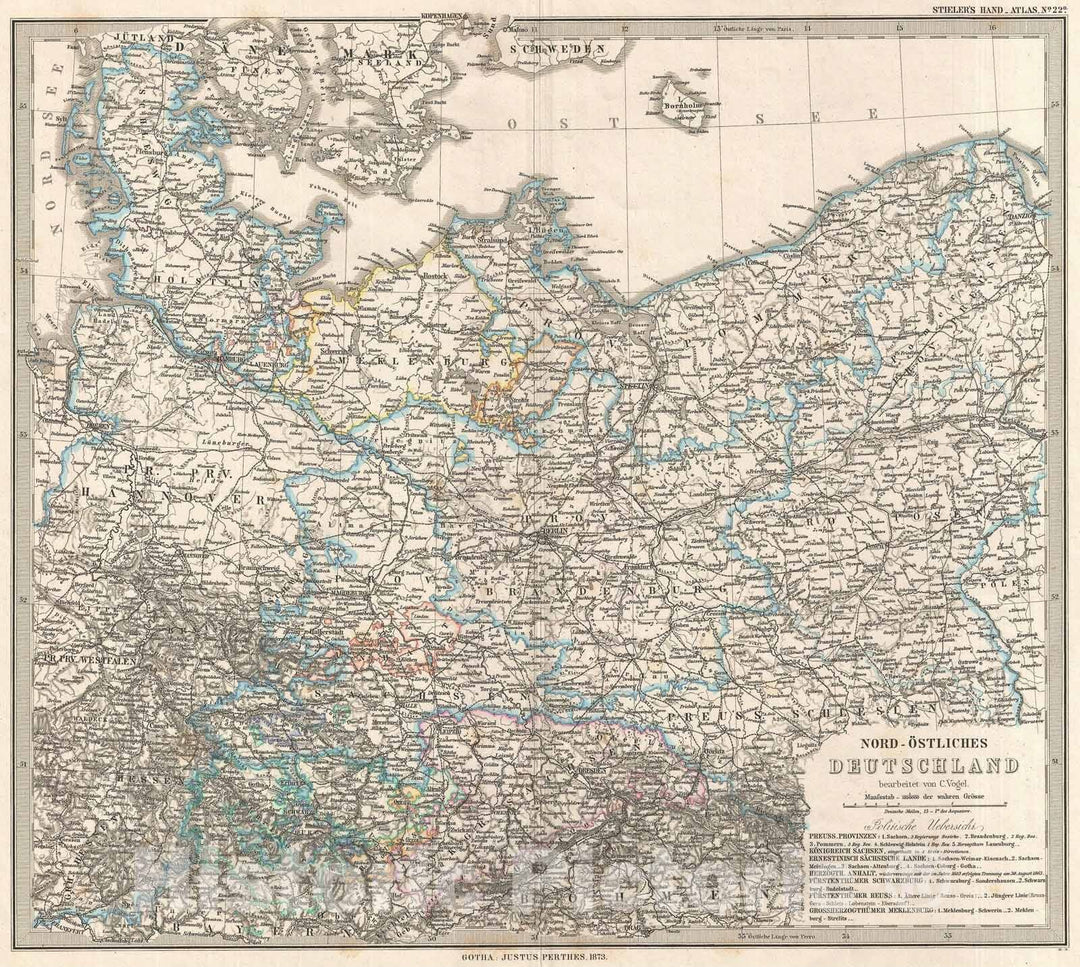 Historic Map : Prussia and Germany, Stieler, 1873, Vintage Wall Art