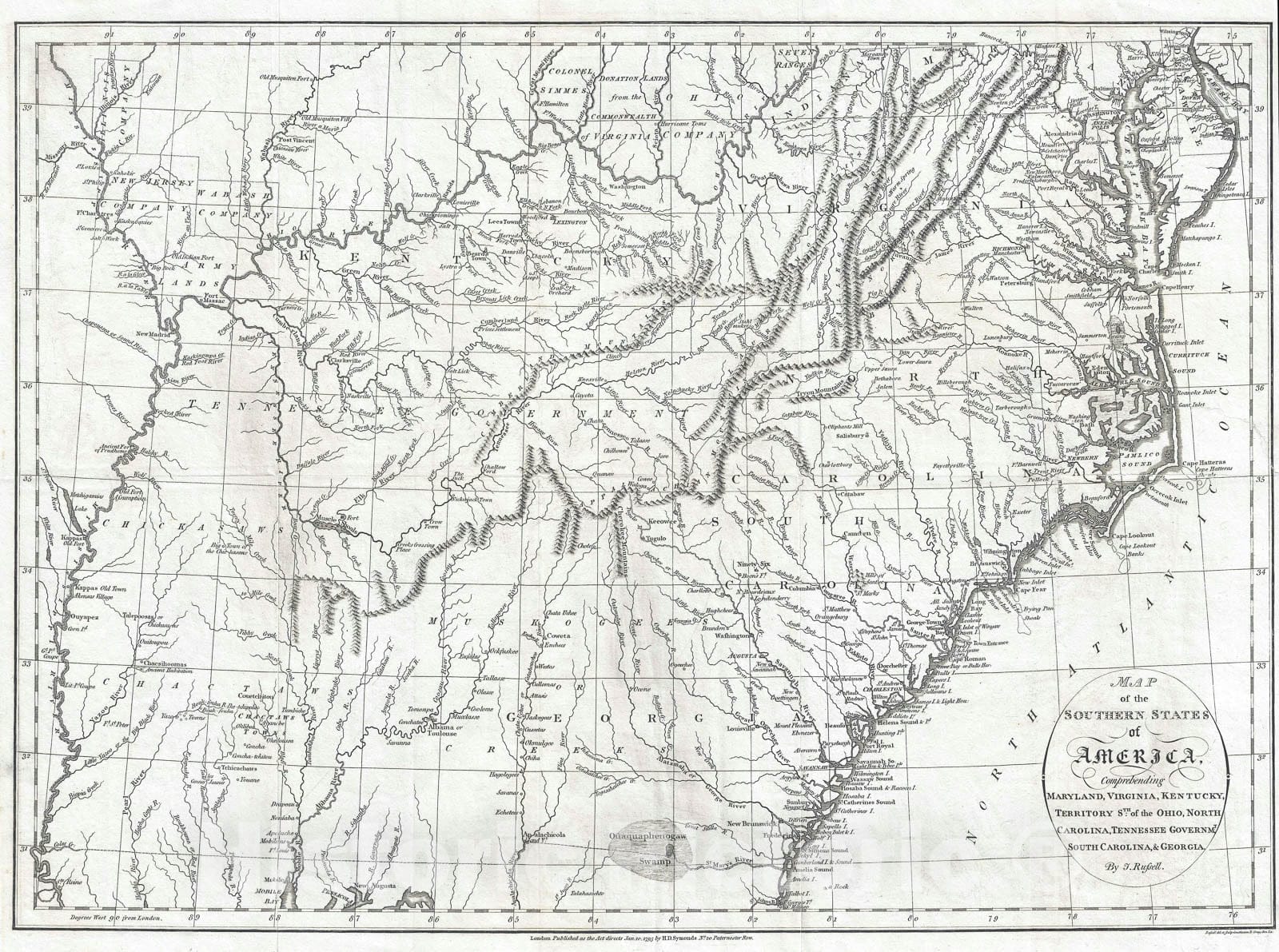 Historic Map : The Southern United States, Russell, 1795, Vintage Wall Art