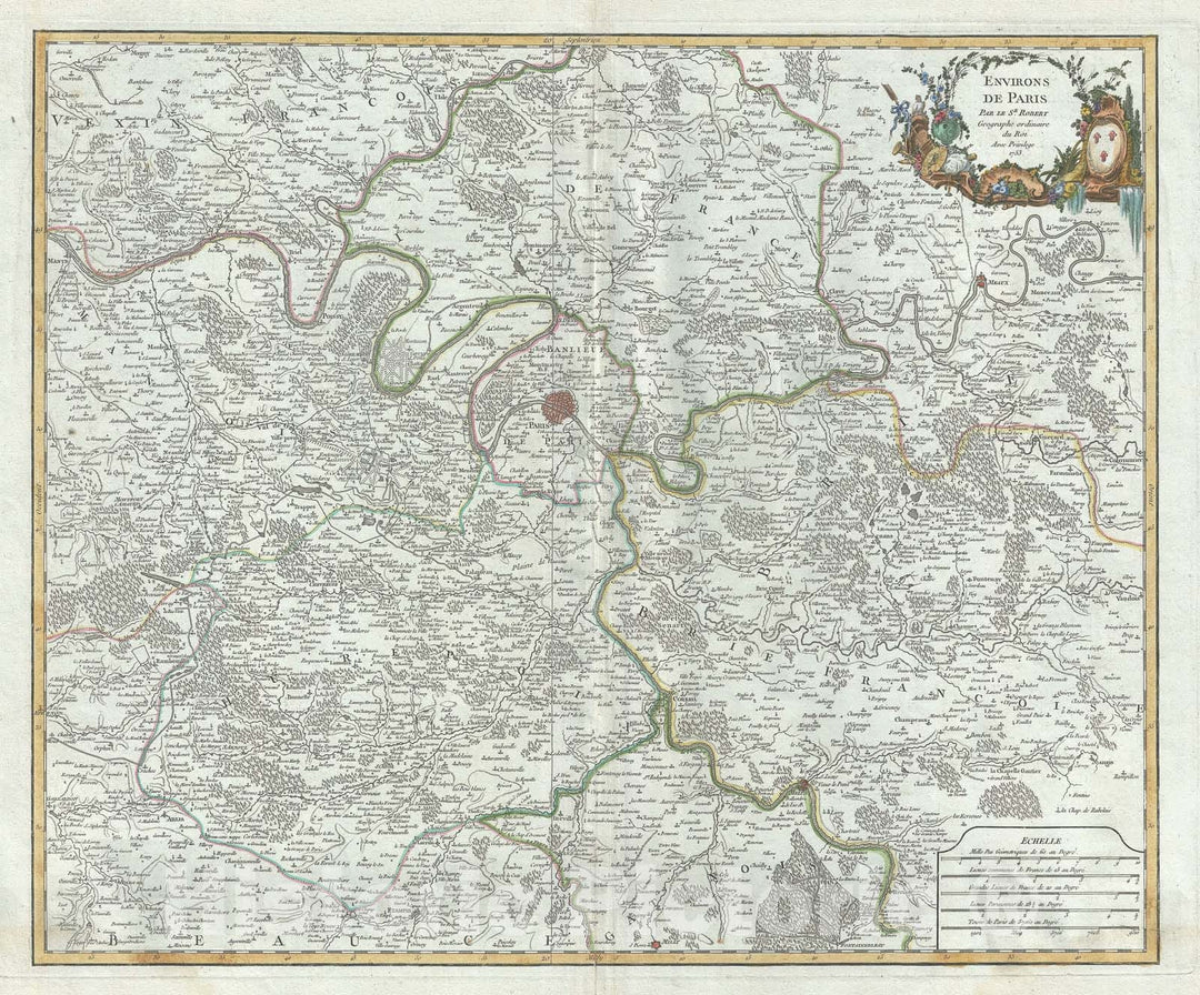 Historic Map : Paris and Vicinity, France, Vaugondy, 1757, Vintage Wall Art