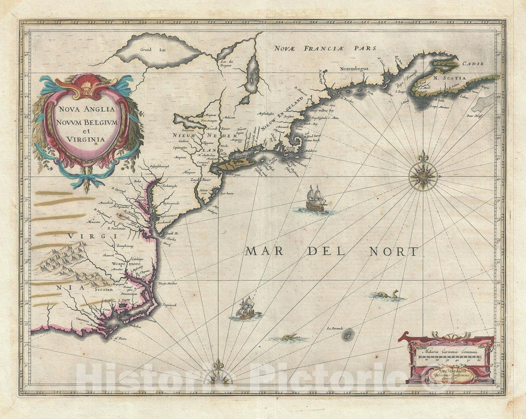 Historic Map : New York, Virginia, and New England, Jansson, 1636, Vintage Wall Art