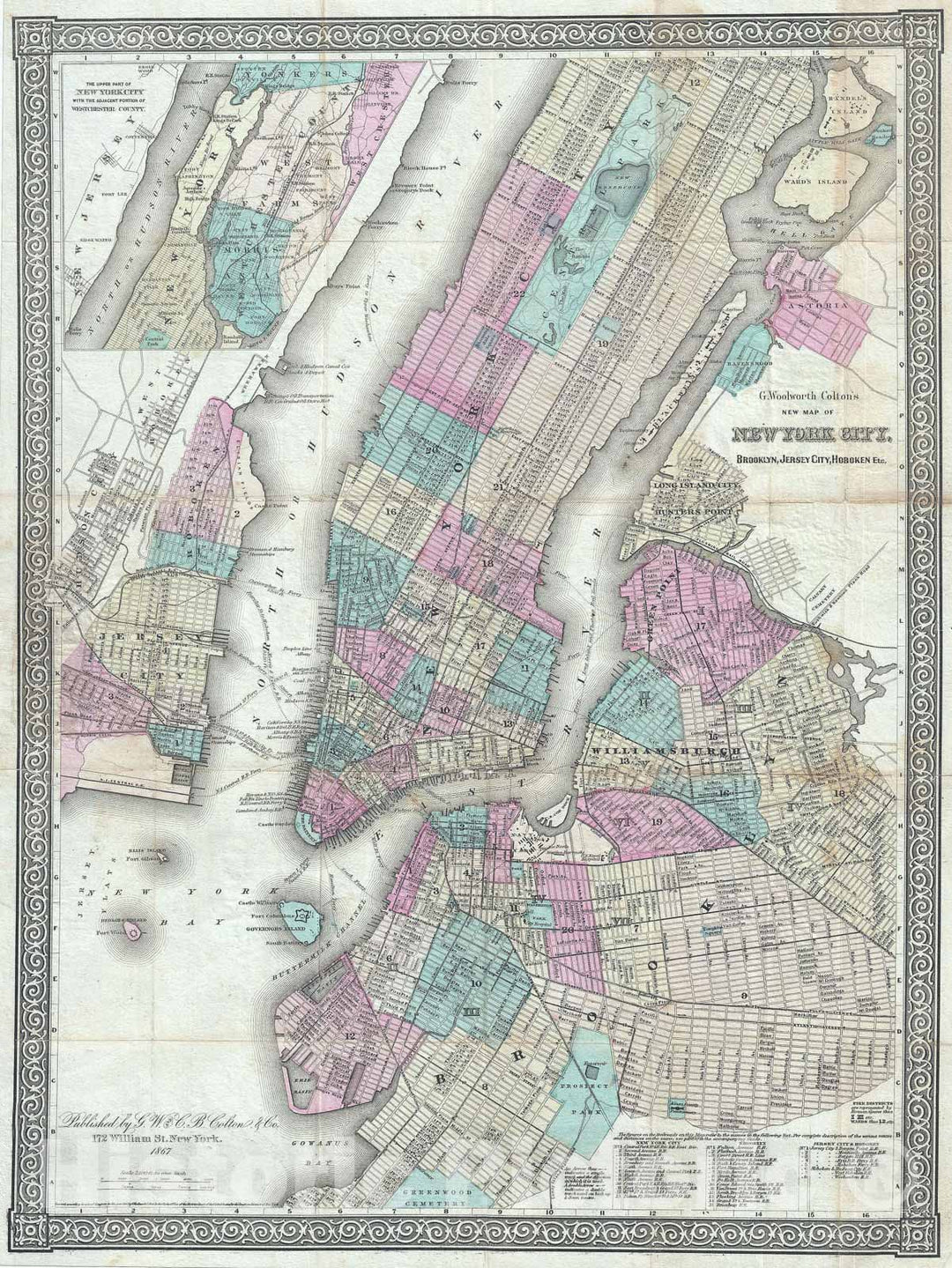 Historic Map : New York City and Brooklyn, Colton, 1867 v1, Vintage Wall Art