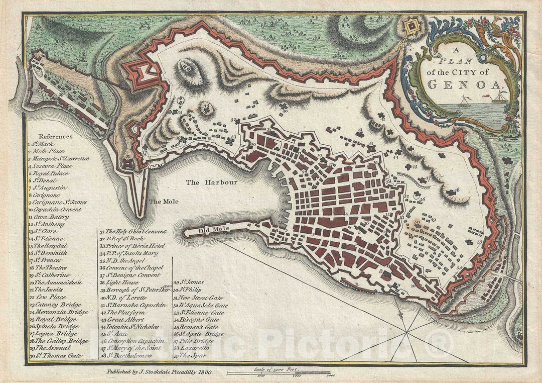 Historic Map : Plan of The City of Genoa, Italy, Stockdale, 1800, Vintage Wall Art