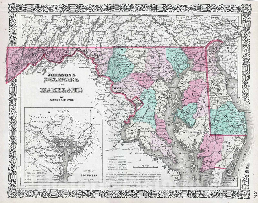 Historic Map : Maryland and Delaware, Johnson, 1865, Vintage Wall Art