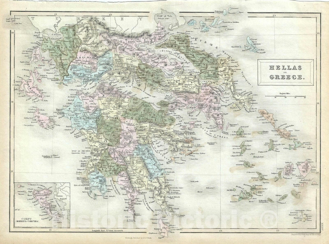 Historic Map : Greece, Black, 1851, Vintage Wall Art