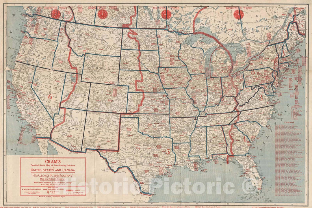 Historic Map : The United States and Canada, Cram Radio, 1924, Vintage Wall Art