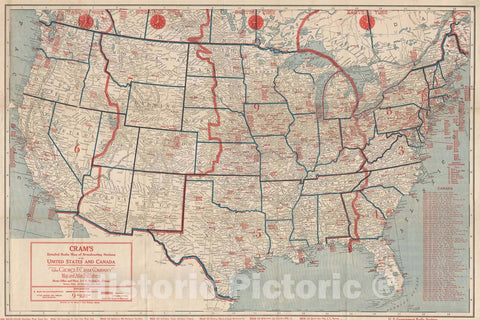 Historic Map : The United States and Canada, Cram Radio, 1924, Vintage Wall Art