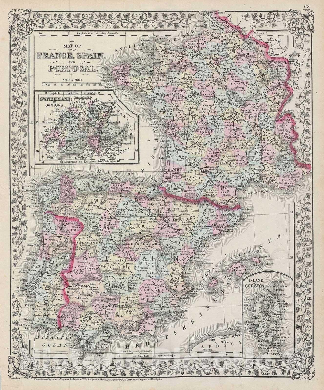 Historic Map : France, Spain and Portugal, Mitchell, 1872, Vintage Wall Art