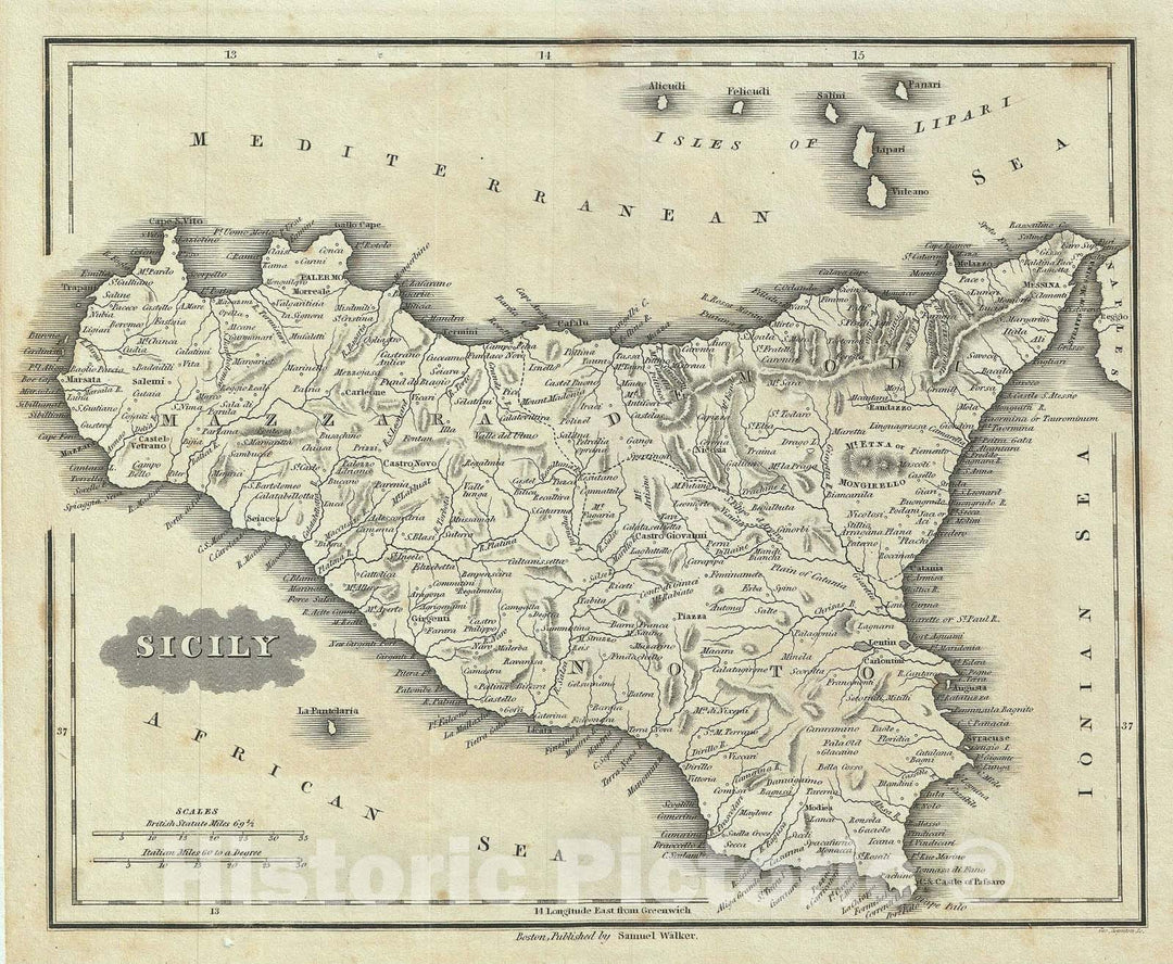 Historic Map : Sicily, Malte-Brun, 1828, Vintage Wall Art