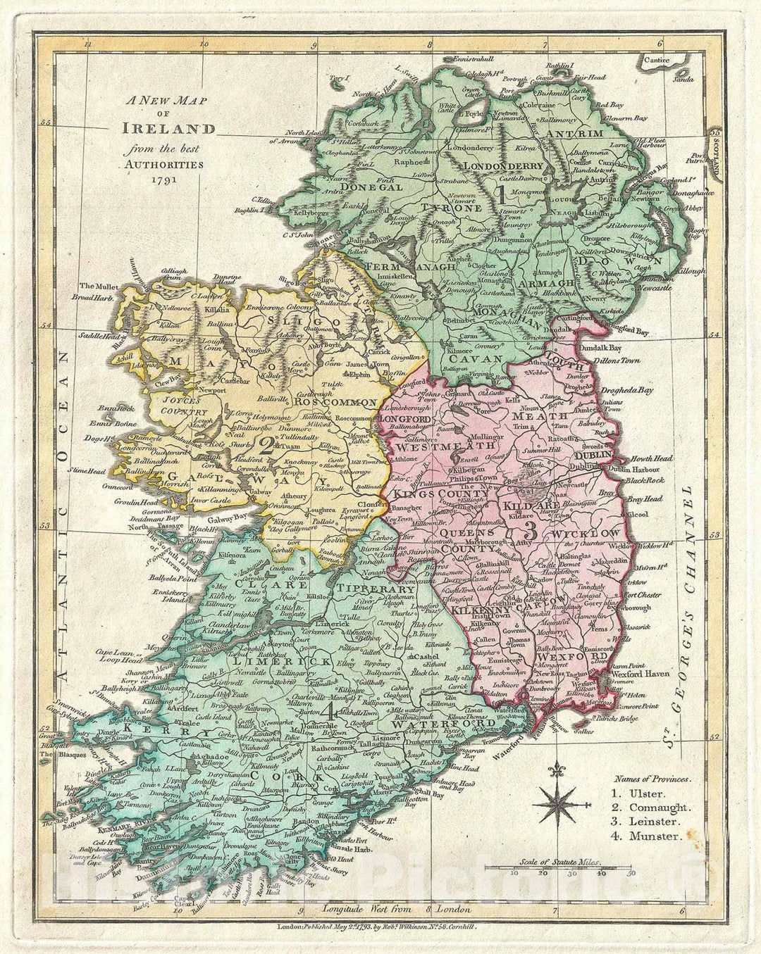 Historic Map : Ireland, Wilkinson, 1793, Vintage Wall Art